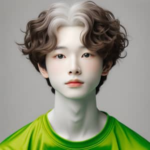 South Korean Boy with Curly Hair in Green Shirt
