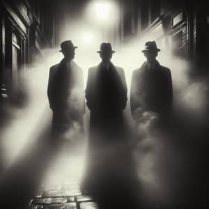 1920's Film Noir Style Photo with Shadowy Figures in Foggy Street
