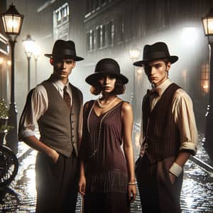 1920's Film Noir Style Street Scene with Three Young People