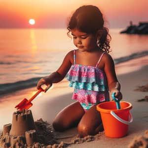 Hispanic Child Building Sandcastle at Sunset Beach