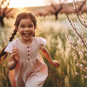 Young Hispanic Girl Laughing in Blossoming Meadow