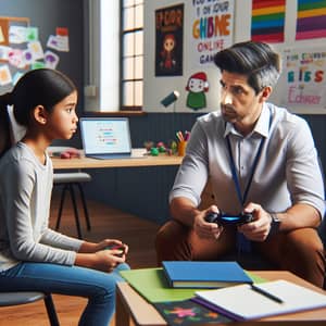 School Counseling Teacher Helping Child with Online Game Addiction
