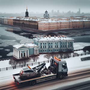 Tow Truck Loading Equipment in St. Petersburg Winter Scene