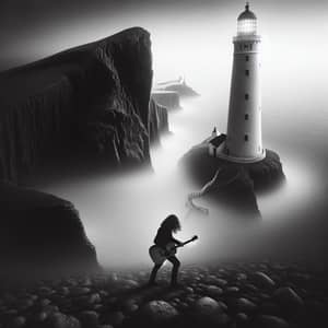 Monochromatic Lighthouse Scene: Man with Guitar Approaching