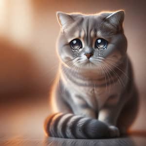 Lonely Grey Cat with Tearful Eyes | Emotional Scene in Warm Colors