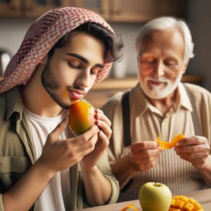 Healthy Eating Scene: Young and Senior Persons Enjoying Fruits