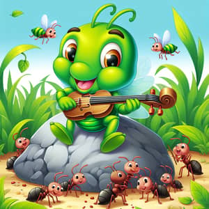 Cheerful Grasshopper Playing Fiddle and Ants Gathering Food | Kids' Storybook Scene