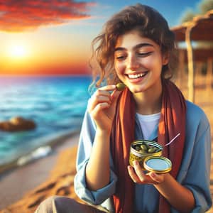 Middle-Eastern Girl Enjoying Olives by the Sea