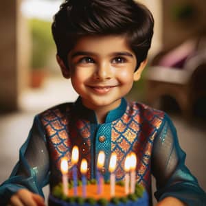 Young Indian Boy Celebrating Birthday in Vibrant Kurta Pajama