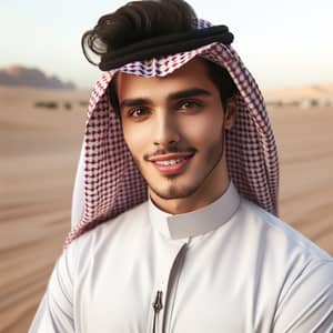 Saudi Arabian Man in Traditional Attire | Smiling in Desert Landscape