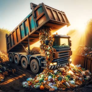 Skip Dump Truck unloading food waste at compost site windrow