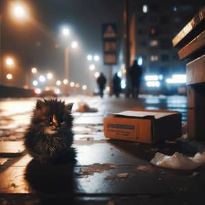 Lonely Kitten Under Dim Street Lamp