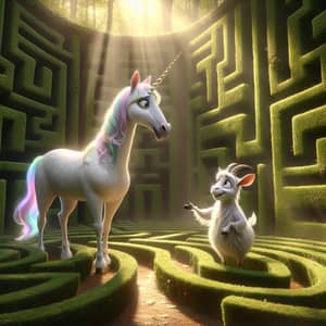 Whimsical Unicorn and Friendly Goat in Labyrinth Forest Maze