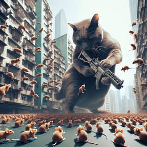 Urban Cat Chase: Dramatic Scene with Modern Gun-Wielding Mice