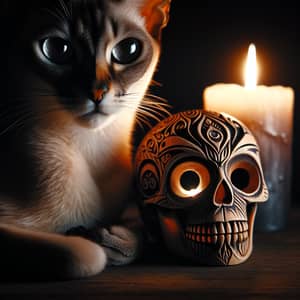 Lit Candle, Sleek Cat and Carved Skull - Mystical Atmosphere