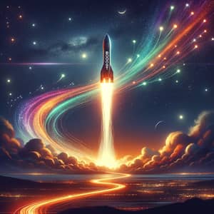 BoostComp Rocket Blasting Off into Vibrant Evening Sky