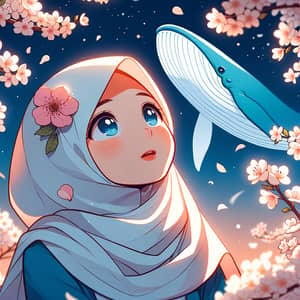 Girl in White Hijab with Sakura Flowers and Blue Whale | Ghibli Art