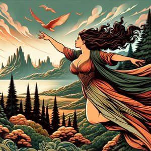 Curvy Woman Soaring High in Epic Fantasy Illustration