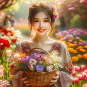 East Asian Girl in Traditional Summer Dress among Colorful Flowers
