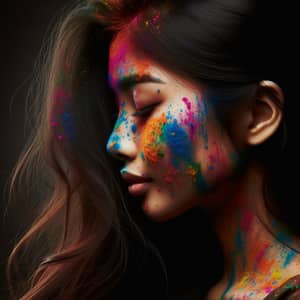 Vibrant Holi Celebration: South Asian Girl Covered in Colors