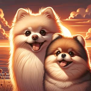 Stunning Sunset Animation - White and Brown Pomeranian Dogs