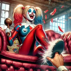 Harley Quinn Tickled: Comic Book Character Jestingly Tickled on Plush Sofa