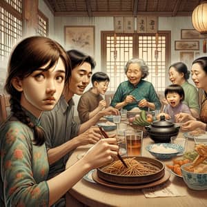 Detailed Asian Family Dinner Scene Illustration with Teenage Girl Distracted