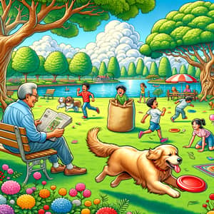 Lush Green Park with Playful Dog, Elderly Man, and Happy Kids