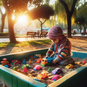 Colorful Middle-Eastern Child Playing with Toy Cars in Sunny Park