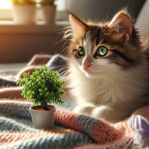 Cute Domestic Cat Resting on Colorful Blanket with Tiny Plant