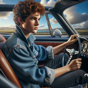 Serious Caucasian Teen Boy Driving Classic Sportscar in Scenic Daylight
