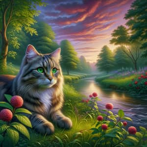 Lush Green Landscape with Tabby Cat by Calm Brook