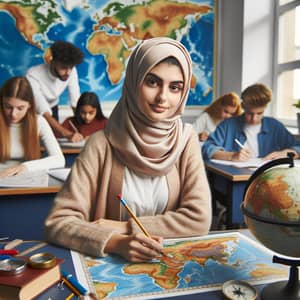 Captivating Geography Class with Hijab-Wearing Student