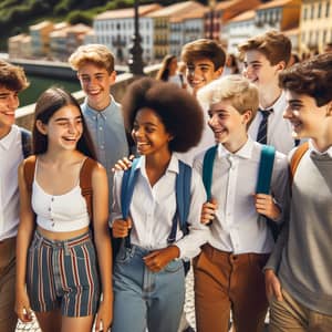 Multicultural School Excursion: Diverse Teen Group Enjoying Local Sights