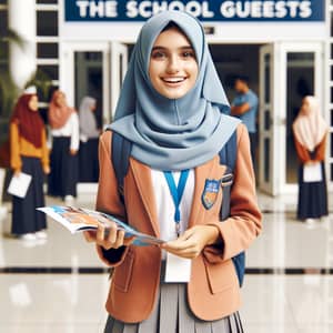 Graceful School Student Welcoming Guests with Enthusiasm