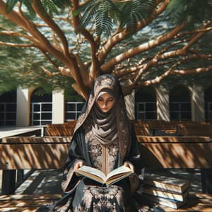 Middle-Eastern Female Student in Intricately Designed Abaya Reading Under Neem Tree