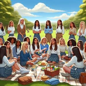 Diverse Female Students Enjoying Educational Picnic Outing
