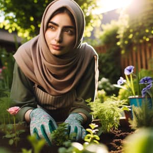 Middle-Eastern Woman Gardening: Planting Colorful Plants in Sunlit Garden