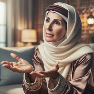 Middle-aged Qatari Woman in Traditional Attire Engrossed in Conversation