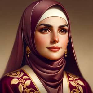 Qatari Lady in Traditional Burgundy Abaya and Gold Embroidered Hijab