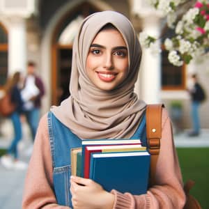Middle-Eastern Student with Hijab Smiling at Library Entrance