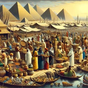 Ancient Market Scene with Pyramids: Cultural Diversity in Merchants and Fishermen