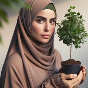 Qatari Woman Protecting Environment with Young Deciduous Tree