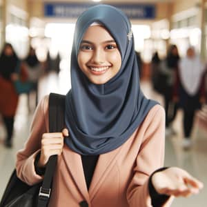 High School Student Wearing Hijab Welcomes Guests with Warm Smile