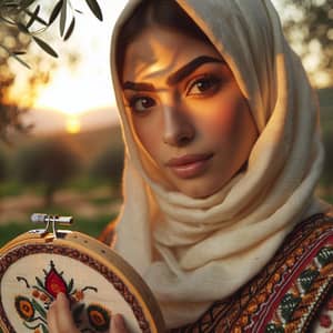 Palestinian Woman in Traditional Embroidered Clothing at Sunset
