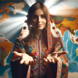 Middle Eastern Woman on World Map | Hope & Unity Gesture