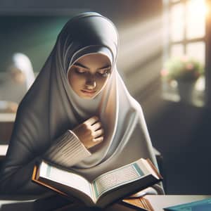Middle-Eastern Female Student Reading Holy Quran | School Desk Scene