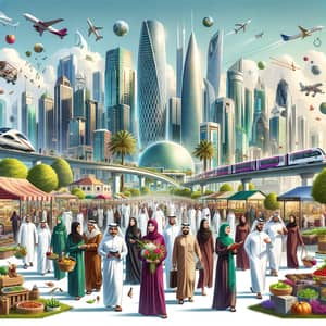Optimistic Future Illustration for Qatari Citizens | Diverse Prosperous Life Scenes