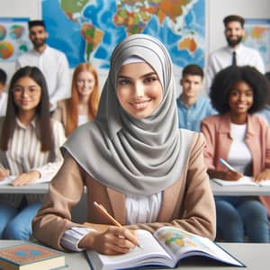 Diverse Geography Class with Hijabi Student Taking Notes