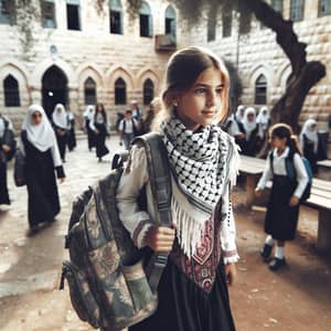 Palestinian Schoolgirl in Traditional Outfit at Stone-Built School